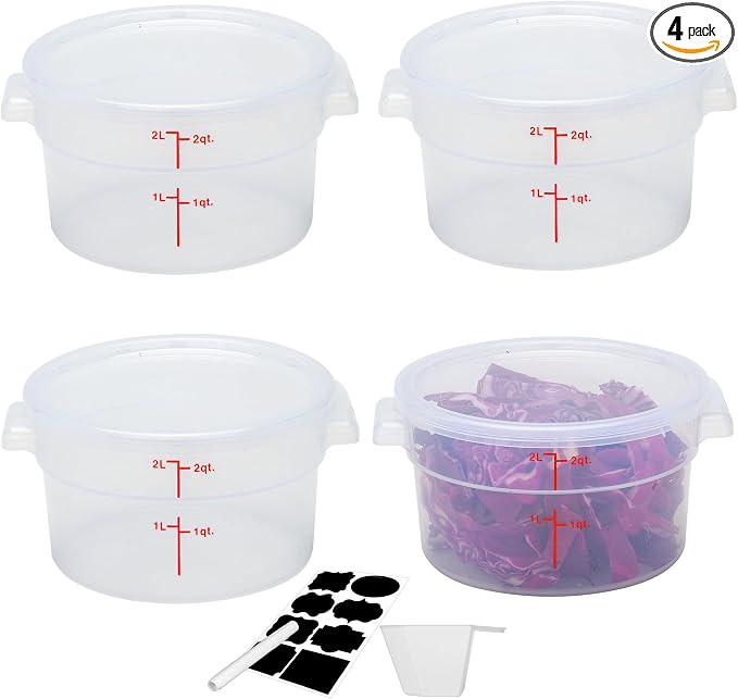 4 Pack 2Qt Round Polypropylene Food Storage Container with Lids Scale | NSF & BPA-free polypropylene, non-stick surface with readable scale. Come with labels & measuring cups.
