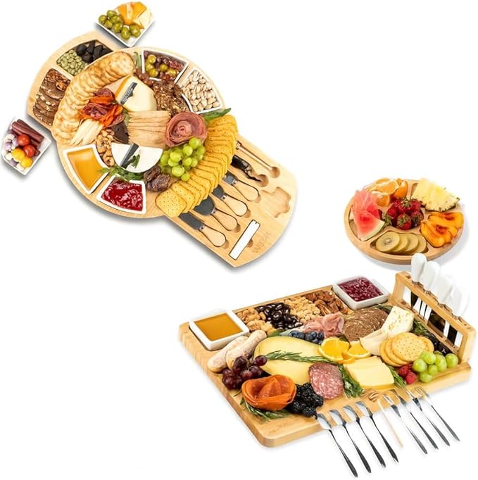 Premium Bamboo Cheese & Charcuterie Board Bundle – Extra Large 16 Inch Round Serving Board + Large Cheese Serving Set with Knife Accessories – Ideal for Entertaining, Gifting & Special Occasions
