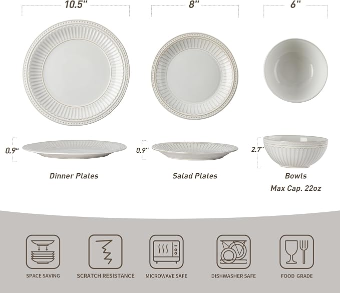 Famiware Garden 12-Piece Embossed Plates and Bowls Sets, Stoneware Reactive Glaze Dishes Dinnerware Set, Modern Rustic, Chip & Scratch Resistant, Microwave & Dishwasher Safe, Service for 4, White