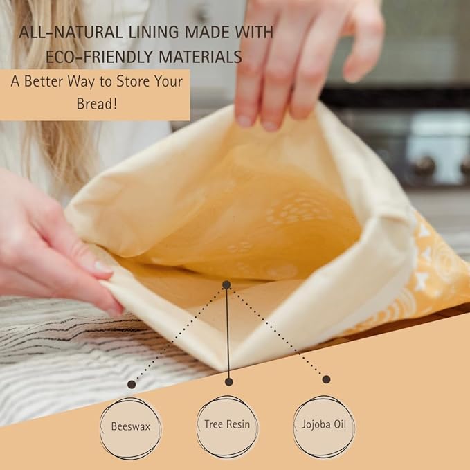 Reusable Beeswax Bread Bag 2 Pack –12x17 Bread Bag for Homemade Sourdough, Beeswax Coated Organic Cotton Storage Bag for Loaf Baguette, Freezer Safe, Eco-Friendly Wrap Spiral Blossoms