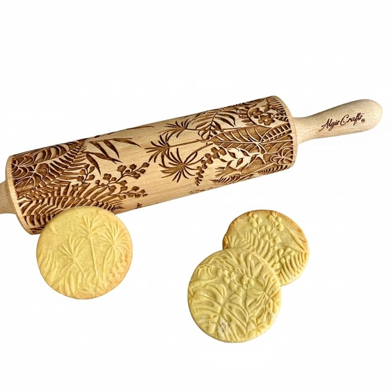 JUNGLE embossing rolling pin with Tropical Pattern. Dough roller for embossed cookies and Pottery by Algis Crafts