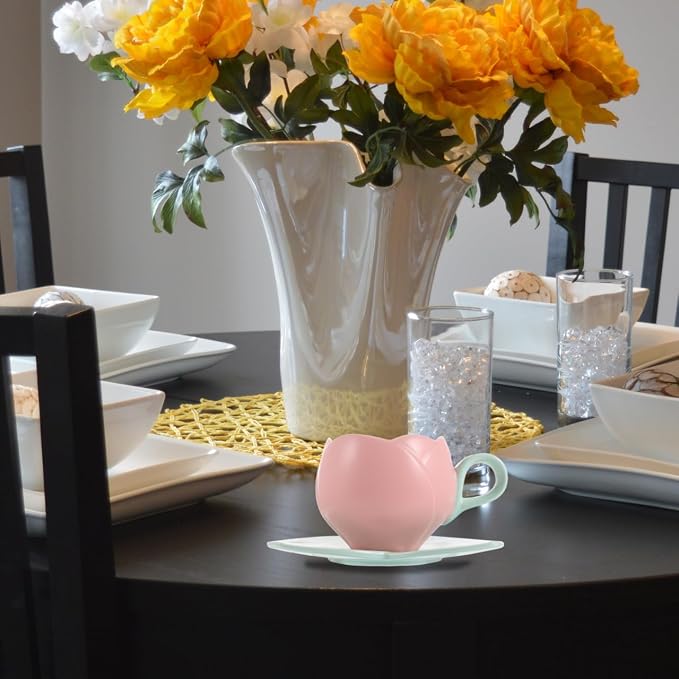 Luxshiny Ceramic Pink Tulip Coffee Mug with Handle, 10oz/300ml Tulip Shape Coffee Cup with Saucer for Tea Milk for Home Office (Pink)