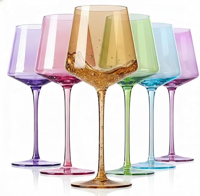 Physkoa Colored Wine Glasses Set 6-16oz Colorful Wine Glass With Tall Long Stem&Flat Bottom,Colored Stemmed Wine Goblet, Wine Gifts for Women Mom Wife Friend