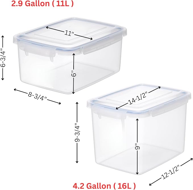 Lustroware Jumbo Food Storage Container Set of 2 with Lids – 12 & 17 Quart Airtight Latching Boxes, Heavy-Duty Stackable Bins for Rice, Flour, Pet Food, Closet, Pantry, Kitchen, Pantry, Made in Japan