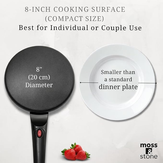 Moss & Stone Electric Crepe Maker – 8” Portable Crepe Pan Nonstick with Dipping Plate, Auto Shut-Off, On/Off Switch, Even Heating & One Automatic Temperature Control – Compact Crepe Maker