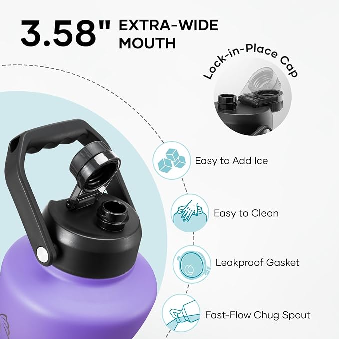 BUZIO 1 Gallon Water Jug Insulated, Stainless Steel Bottle With Large Handle & Spout Lid, 3.58" Big Wide Mouth BPA-Free Leakproof Metal Water Flask For Camping, Adventure, Sports, Black & Purple