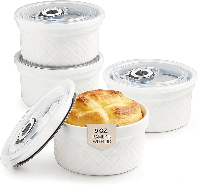 9 oz Ramekins with Lids, Creme Brulee Ramekins Oven Safe, Small Ceramic Serving Bowls Dessert Bowls, White Custard Cups for Baking, Dipping Sauce Cups, Pinch Bowls Ideal for Gifts, Set of 4