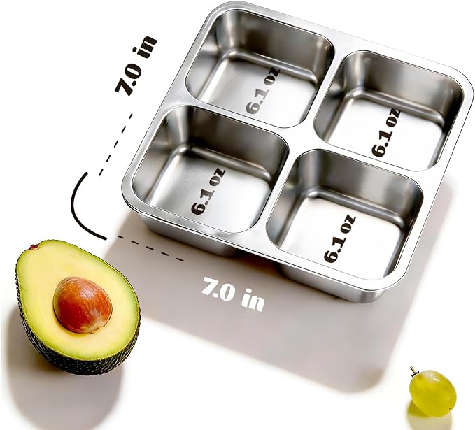 3 Pack Stainless Steel 4 Compartment Snack Containers with Lids, Reusable Divided Lunch & Food Storage Containers for Work, Travel (Pink, Yellow, Green)