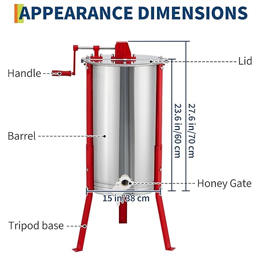 3 Frame Honey Extractor, Manual Stainless Steel Beekeeping Equipment, Honeycomb Drum Spinner with Transparent Lid & Adjustable Stand for Apiary Home Kitchen