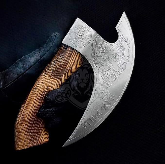 Pizza Cutter Axe with Leather Sheath - 10” Carbon Steel Axe Blade with Pure Wood Handle - Viking Style Pizza Cutter Skull Design - Ideal Christmas Gift for Him and Her