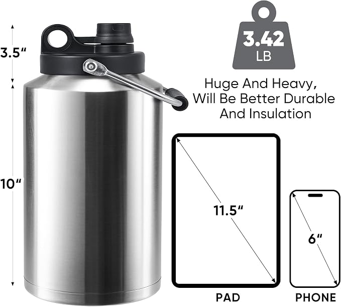 Kerilyn Insulated Gallon Jug with Handle, One Gallon, 128 Ounces, Stainless Steel, Large Double Vacuum Water Bottle for Hot & Cold Drinks, Wide Mouth, Sweat Proof, Great for Travel, Camping