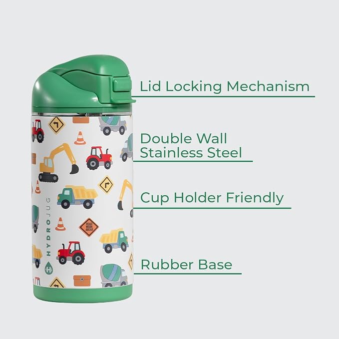 HydroJug Ease2o 14oz Kids Water Bottle, Straw & Chug Lid, Under Construction