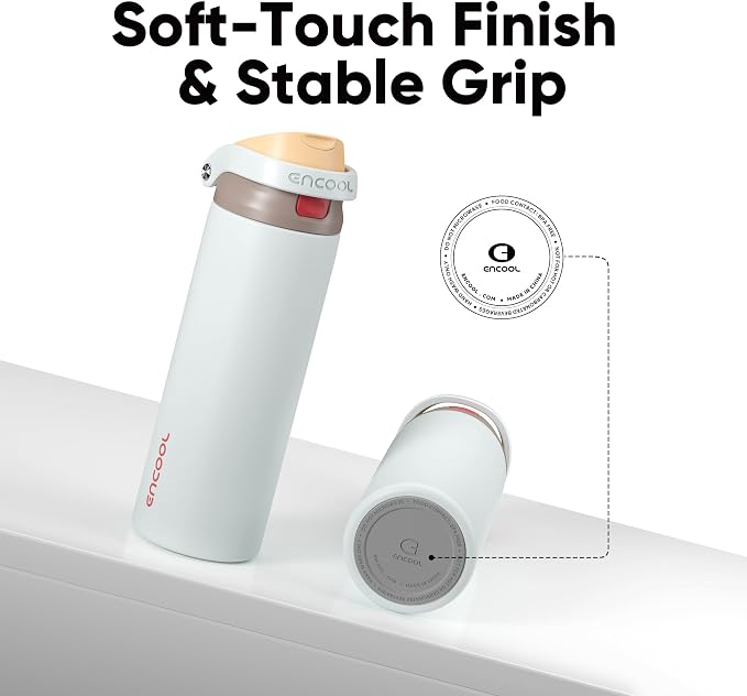 ENCOOL Leakproof Insulated Water Bottle with Straw Dual-Sip Water Bottle Bag-Safe Design for Work, Commute & Gym – Keeps Drinks Cold All Day, 18 oz, Clay Grey