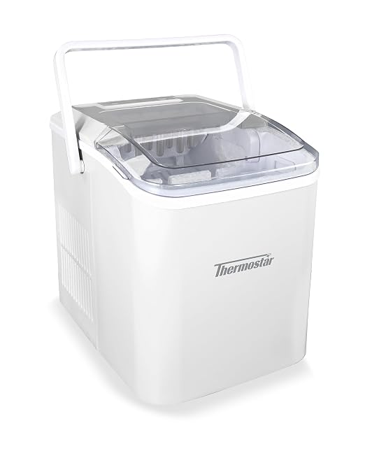 Nostalgia Thermostar Automatic Self-Cleaning Portable Electric Countertop Ice Maker Machine with Handle,26 Pounds in 24 Hours with Ice Scoop and Basket,Perfect for Water Bottles,Drinks,Parties,White