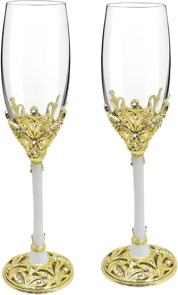 Champagne Flutes -His and Hers,Wedding Toasting Glasses for Engagement Celebrations, Bridal Shower and Registry Idea, Tall Wine Glasses for Bride and Groom Gifts,7oz (Gold&white)