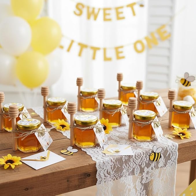 Adabocute Honey Pot, Mini Honey Jars with Wood Dipper, Gold Lid, Bee Pendants, Beige Gift Bags, Thanks for Beeing Here Tags, Ideal for Baby Showers & Wedding Favors, 40 Pack