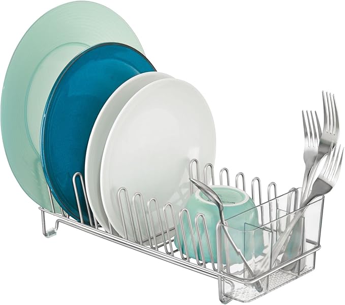 mDesign Kitchen Sink Dish Drainer – Small Metal and Plastic Dish Rack for Kitchen Sink – Ideal for Plates and Cutlery Basket – Chrome/Clear