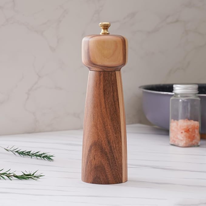 Salt Mill, Salt or Pepper Grinder with Adjustable Ceramic Grinding Core, Spice mill for Pepper and Salt, Acacia Wood, 8 inch/20.5 cm Height, Bottom DIA: 2.36 inch/6 cm(Tray is NOT Included)