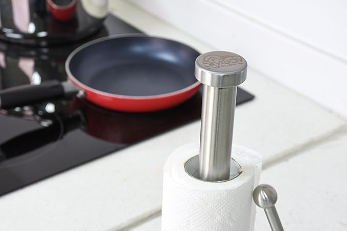 Paper Towel Holder with Marble Base – Weighted Countertop Stand, One-Hand Tear, Stainless Steel Rod, Natural Stone Base, Available in Gray & White Marble