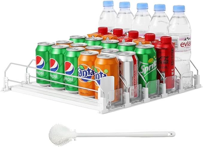 Drink Organizer For Fridge Large Capacity 5 Row Soda Can Organizer, Automatic Pusher Glide with Removable Dividers For Drink Organizer, Can Holders For Fridge, Space-Saving Can Dispenser For Kitchen