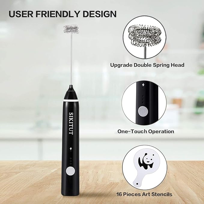 Rechargeable Milk Frother, Electric Foam Maker with 2 Stainless Steel Whisks, for Dalgona Coffee Latte Cappuccino Egg Mix and More, Bonus Extra 16 Pcs Art Stencils