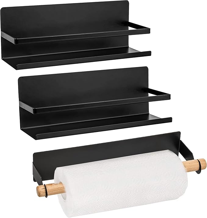 Magnetic Spice Rack Magnetic Paper Towel Holder for Refrigerator Fridge Organizer for Kitchen, Space Saver Container for Kitchen/Apartment, Drill Free, Black