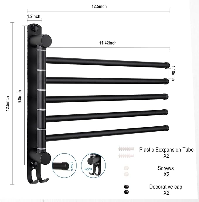 5-Arm Swivel Towel Rack - 180° Rotating Wall Mounted - 304 Stainless Steel Rustproof - Heavy Duty Space Saving for Bathroom Kitchen Laundry Room (Matte Black)