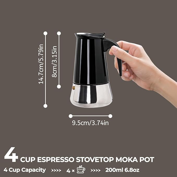 4 Cup 200ml Moka Pot Stainless Steel Espresso Coffee Maker Stovetop Coffeemaker Italian Classic Style Brewing Greca Cafe Mocha Machine for Cafeteras Lover Camping Travel and Home Use 6.6oz