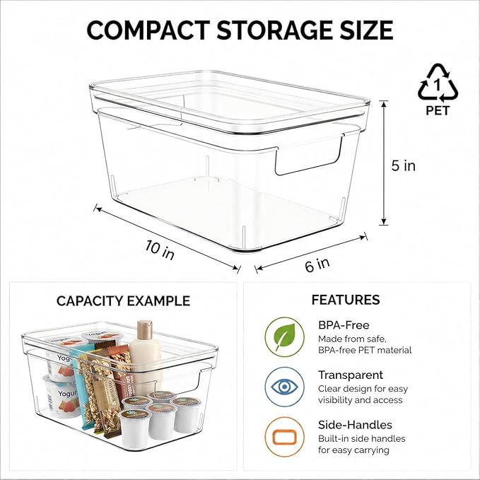 MOONEDGE Small Clear Plastic Storage Bins with Lids and Handles,Stackable Small Item Organizer Containers for Vanity,Craft,Office,Fridge,Kitchen,Pantry,Bathroom,Closet – 8 Pack (10×6×5 in)
