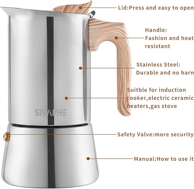 Sivaphe Stainless Steel Stovetop Espresso Coffee Maker, 6cups Espresso pot, 300ml Moka Campaing Coffee Pot, Induction Italian Mocha Pot with Step-by-step Instructions(1 Cup=50ml)