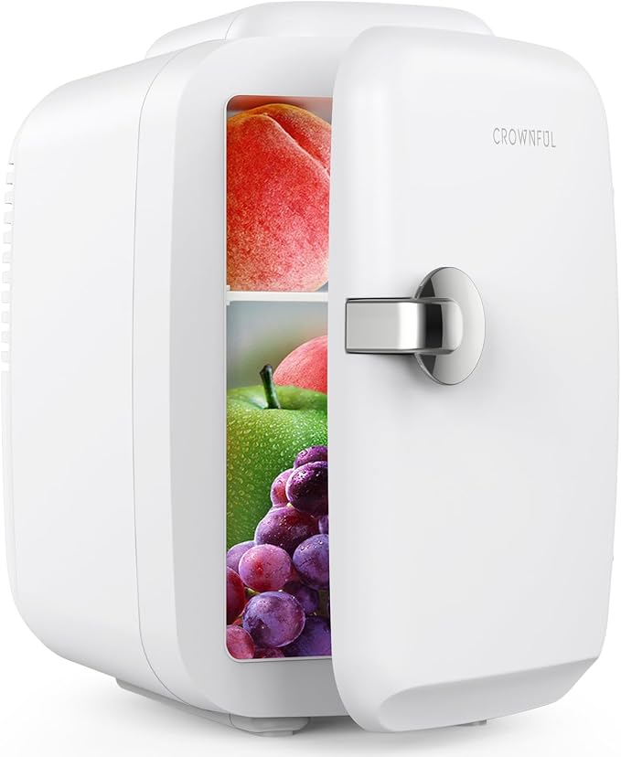 CROWNFUL Mini Fridge, 4 Liter/6 Can Portable Cooler and Warmer Personal Refrigerator for Skin Care, Cosmetics, Beverage, Food,Great for Bedroom, Office, Car, Dorm, ETL Listed (White)