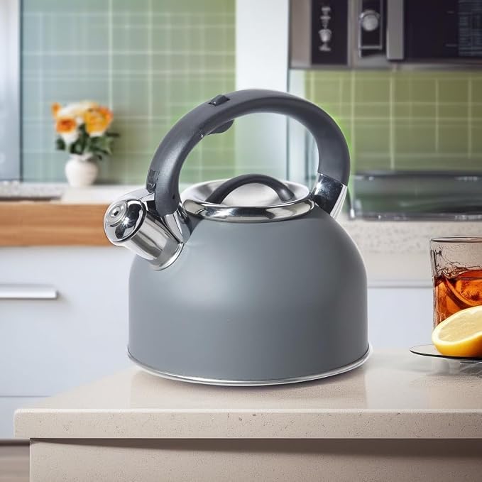 OGGI Tea Kettle for Stove Top - 64oz / 1.9lt, Stainless Steel with Loud Whistle, Ideal Hot Water Kettle and Water Boiler - Gray