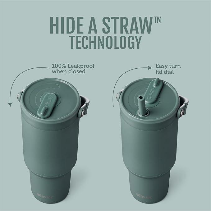 Ello Oasis Go+ 26oz Tumbler with Top Handle and Retracting Straw | Reusable Insulated Stainless Steel Cup, 100% Leakproof Water Bottle, 24 Hours Cold, Cup Holder Friendly For Travel | Alligator