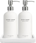 Vine Creations Glass Soap Dispenser Set, Kitchen Soap Dispenser Set with Ceramic Tray, 16 oz Dish Soap and Hand Soap Dispensers with Stainless Steel Pump Decor (White Bottle/Silver)