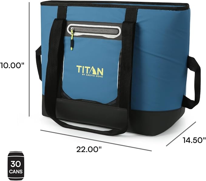 Titan by Arctic Zone Soft Sided Cooler Tote, Insulated Bag with Handle, Shoulder Strap, and Zipper for Lunch, Picnic, and Travel, 30 Can Capacity