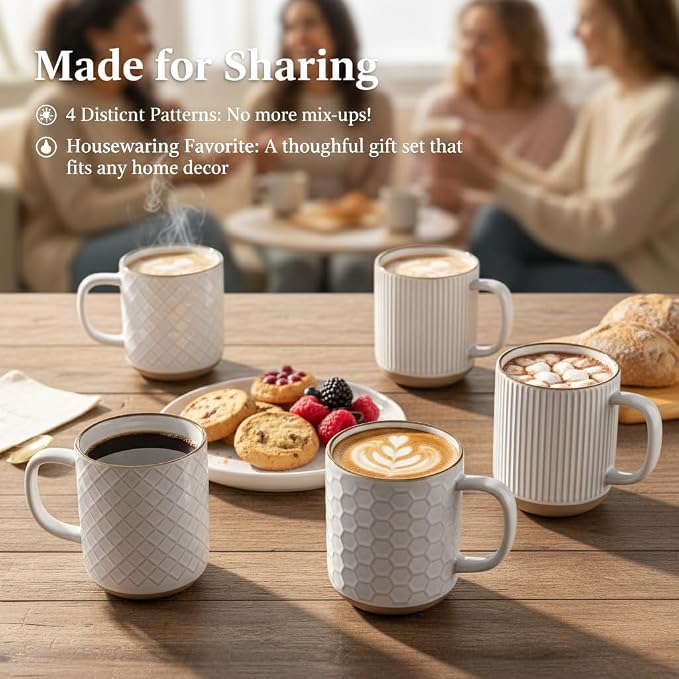 GBhome Large Coffee Mugs Set of 4, 16oz Handmade Stoneware Coffee Mugs Set with Large Handle for Cappuccino/Latte/Tea/Hot Cocoa, Dishwasher & Microwave Safe, Off White
