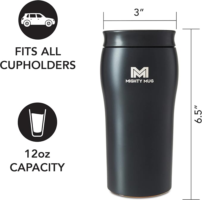 Mighty Mug | The Untippable Mug | Grips When Hit, Lifts for Sips | Insulated Stainless Steel Tumbler | Cupholder Friendly | Gifts for Women Men All | Leakproof | 4 Hours Hot/ 24 Cold | 12oz Black