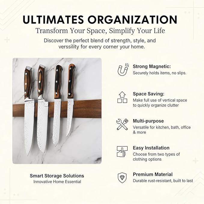16 Inch Magnetic Knife Holder for Wall, Wall Mounted Stainless Steel Core, Walnut Finish, Kitchen Tool Storage Rack