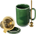vicrays Ceramic Tea Mug Infuser - Large Cup 16 oz Hot Loose Steeping Handle Teacup with Leaf Infuser Spoon Lid - Tall Glazed Strainer Coffee Mug Microwave Safe - Green