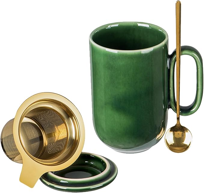 vicrays Ceramic Tea Mug Infuser - Large Cup 16 oz Hot Loose Steeping Handle Teacup with Leaf Infuser Spoon Lid - Tall Glazed Strainer Coffee Mug Microwave Safe - Green