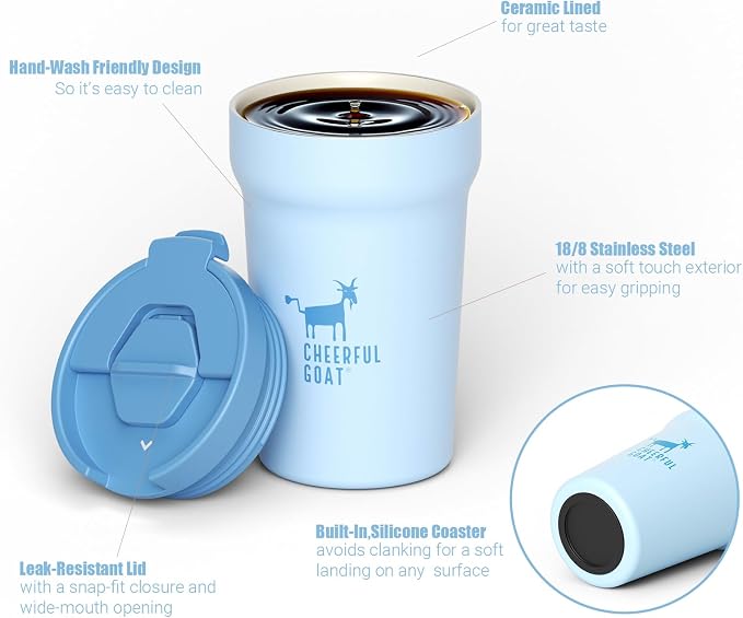 CHEERFUL GOAT Ceramic Lined Coffee Mug – Stainless Steel Travel insulated Tumbler with Ceramic Liner, with lid, 12oz Leak proof Cup for Hot and Cold Water Coffee at Home, Office, or On the Go (Blue)