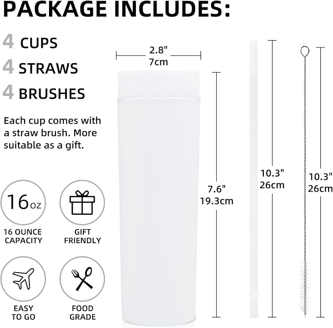 Volhoply 16oz Plastic Skinny Tumbler With Lid and Straw Bulk 4 Pack,Insulated Double Wall BPA Free Matte Acrylic Tumblers,Iced Coffee Mug Reusable Party Cup,Customizable Diy Gifts(Assort color,4 Set)