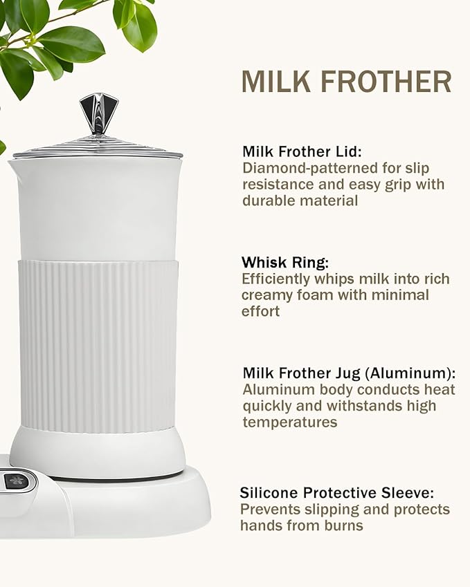 2-in-1 Milk Frother Electric Foam Maker and Moka Coffee Maker Espresso Maker 110V Electric Base Aluminum Frother Moka Pot 5oz 150ml Frothing Easy Brewing Latte Cappuccino Home Gift White