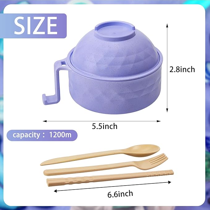 2 Sets Microwave Ramen Bowl 40 oz Wheat Fiber Portable Instant Noodle Cooker Bowl with Handles Strainer Spoon Chopstick Fork College Dorm Room Apartment Essentials(Purple, Light Blue)