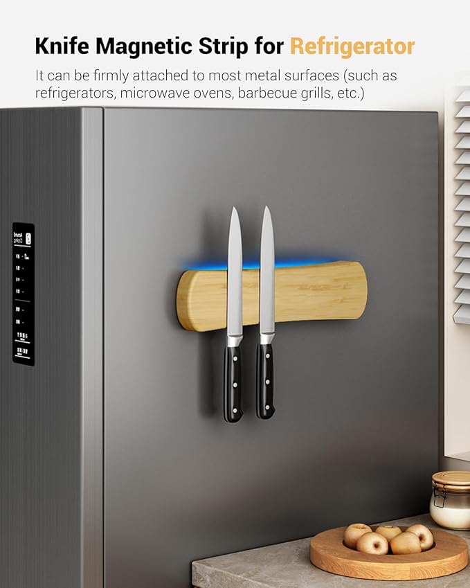 Swaitee Magnetic Knife Holder for Wall, 10 Inch Bamboo Magnetic Knife Strip, Kitchen Storage Organizer, Fridge Side Mount, Housewarming Gifts for New Home