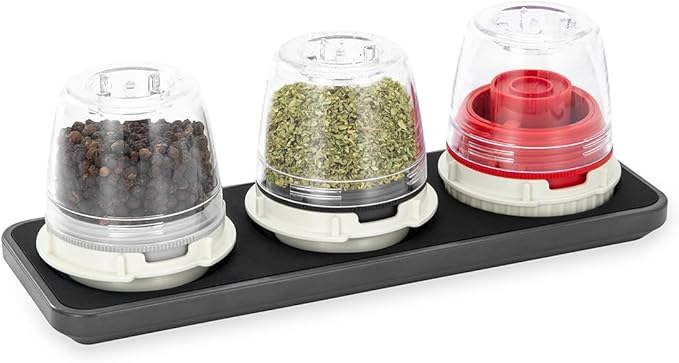 FinaMill Classic Battery-Operated Spice Mill Bundle with Slate Trio Stackable Tray – One-Handed Grinder with Interchangeable Pods, Space-Saving Spice Organizer, Valentine’s Day Gift for Food Lovers