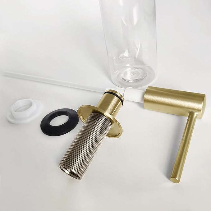 EADOT Brushed Gold Built in Dish Soap Dispenser for Kitchen Sink with 17 OZ PET Soap Bottle Refill from The Top, Under Counter Brass Pump Head Liquid Lotion Dispenser, Undermount Copper Pump Head