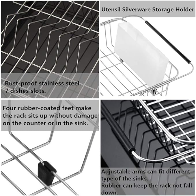 SANNO Dish Drying Rack, Expandable Dish Drainer Over Sink Kitchen Sink Grate Stainless Steel Sink Protector