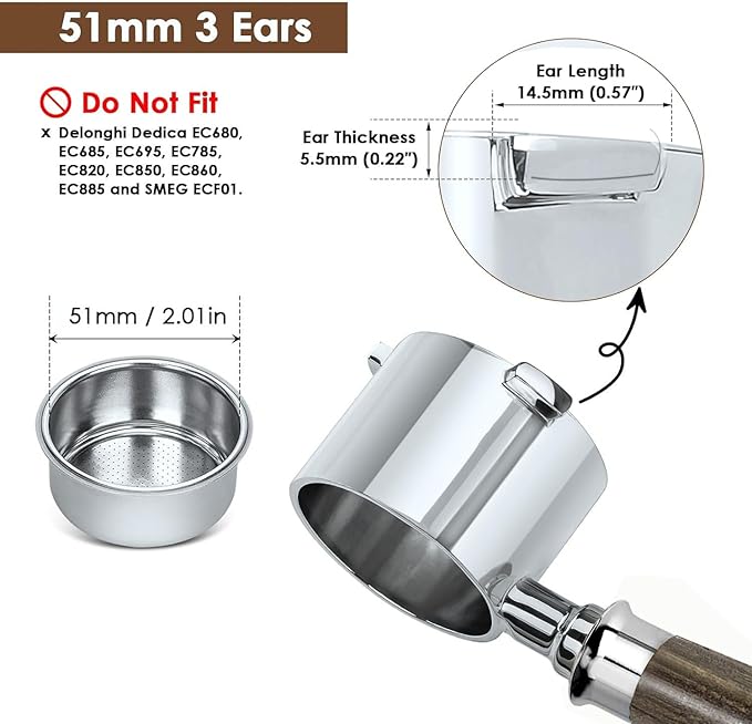 51mm Bottomless Portafilter 3 Ears compatable with La Specialista EC9335 9155 9355 9665,100% Stainless Steel Filter Baskets and Black Rosewood Handle(51mm-3Ears/fits La Specialista)