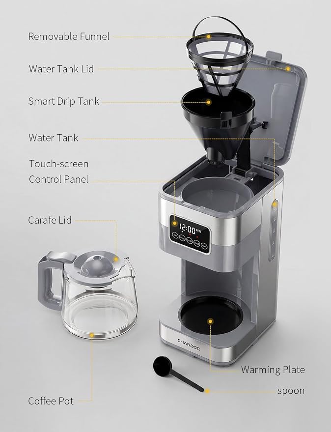 SHARDOR 10-Cup Programmable Coffee Maker, Regular & Strong Brew Drip Coffee Machine for Home and Office, Auto Shut Off, Permanent Filter (gray)